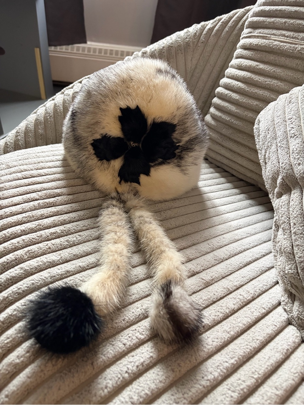 Russian Fur Pom Pom Hat with Long Ties - Cream & Black